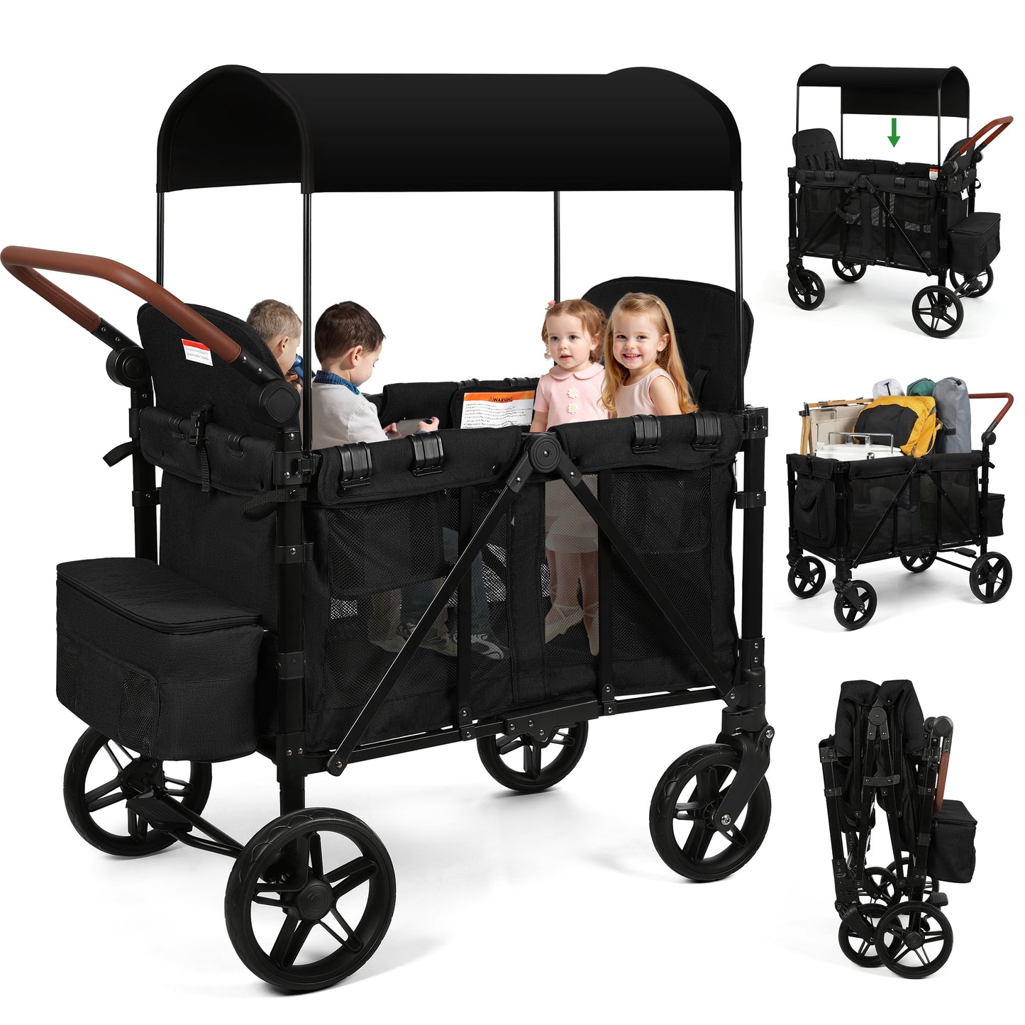 Vomeast Wagon Stroller for 2/4 Kids, 3-in-1 Wagon Stroller with Canopy, 5-Point Harness, Adjustable Handlebars, Removable Seat for Toddlers