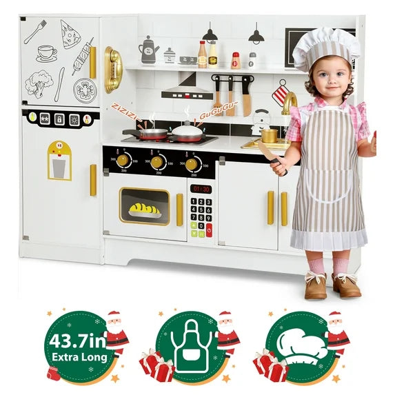 Wisairt Pretend Play Kitchen Set, Wooden Kitchen for Kids w/ Stove, Sink, Oven, Microwave, Coffee Maker Gift for Boys Girls Age 3-8