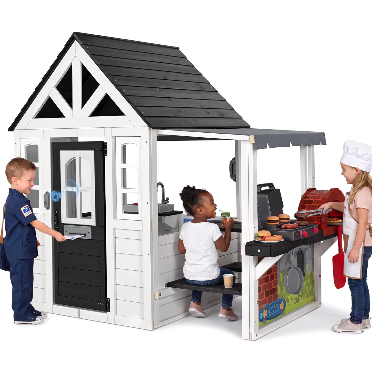 Wooden Outdoor Playhouse with BBQ Grill, Pizza Oven & Kitchen, Farmhouse Style for Kids Ages 3-8