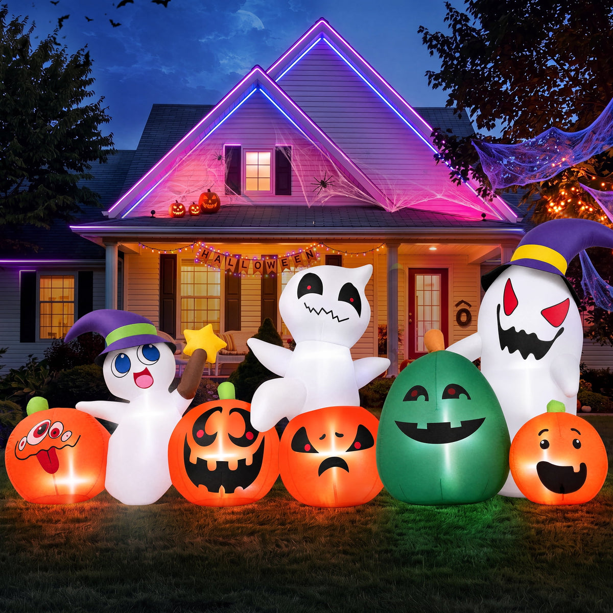 7ft Inflatable Pumpkin Ghost with LED Lights - Outdoor Halloween Yard Decor