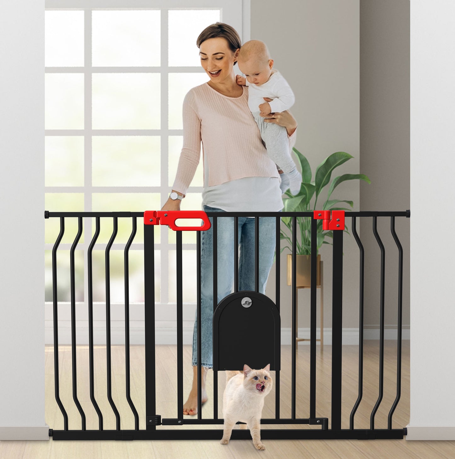 Wisairt Baby Gate for Stairs Doorways with Small Pet Door,29-48Inches Extra Wide Walk Auto-Close Safety Baby Gate,Pressure Mounted