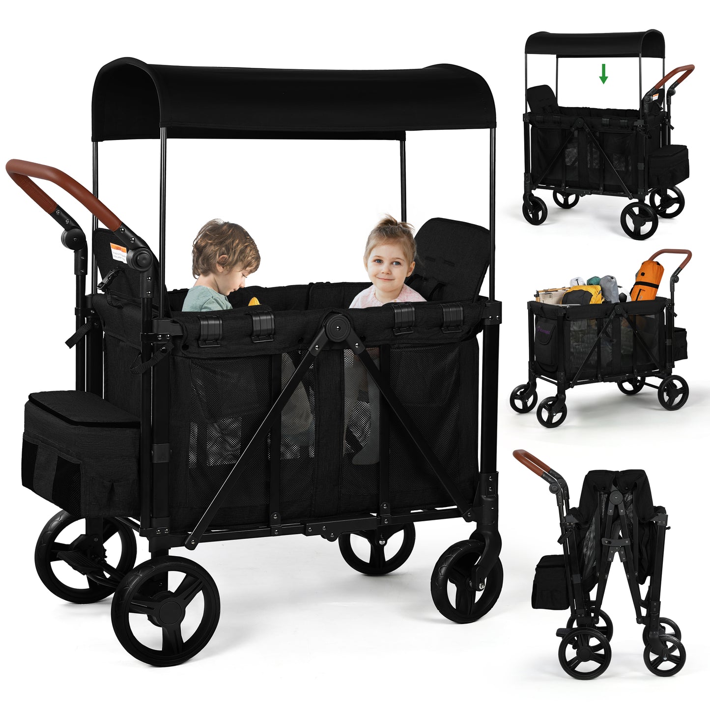 Vomeast Wagon Stroller for 2/4 Kids, 3-in-1 Wagon Stroller with Canopy, 5-Point Harness, Adjustable Handlebars, Removable Seat for Toddlers