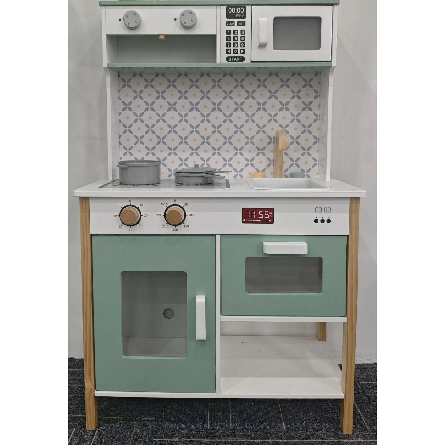 Wisairt Pretend Play Kitchen Set, 51.2" Extra Long Wooden Play Kitchen for Kids w/ Chef's Costume, Stove, Sink, Ice Maker, Oven, Microwave, Dishwasher, Realistic Lights Sounds