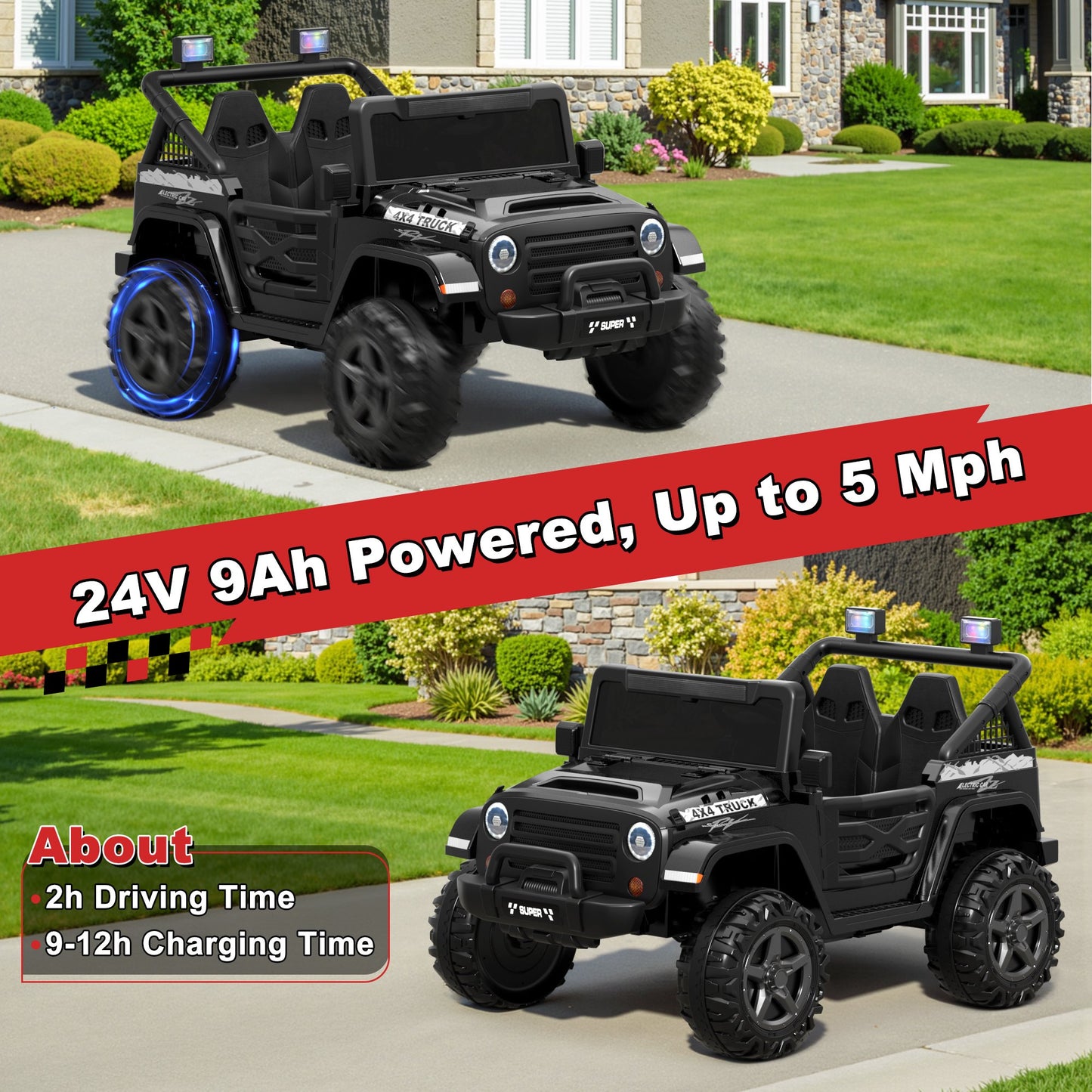 Wisairt 24V 9Ah Kids Ride on Truck, 2 Seater Powered Ride on Car w/Remote Control and Openable Storage Space, Bluetooth, Music, Colorful LED Lights, Electric Car for Kids Ages 3-8