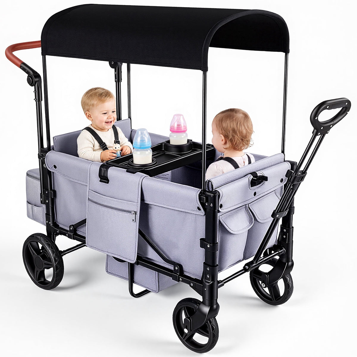 2-Seater Wagon Stroller for Kids, Foldable Stroller Wagon with Canopy, 5-Point Harness, Push & Pull Handle