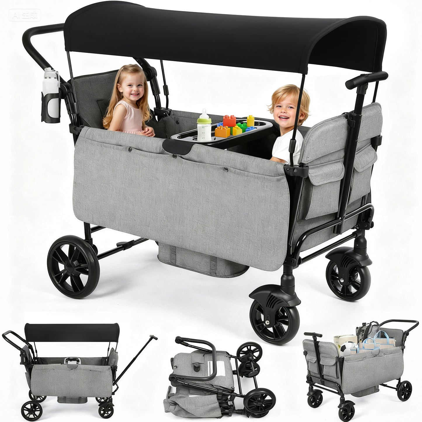 Vomeast Wagon Stroller for Kids, Spacious 2/4-Seater Stroller Wagon with Adjustable Canopy, Pull & Push Handle, 5-Point Harness, Foldable for Toddlers