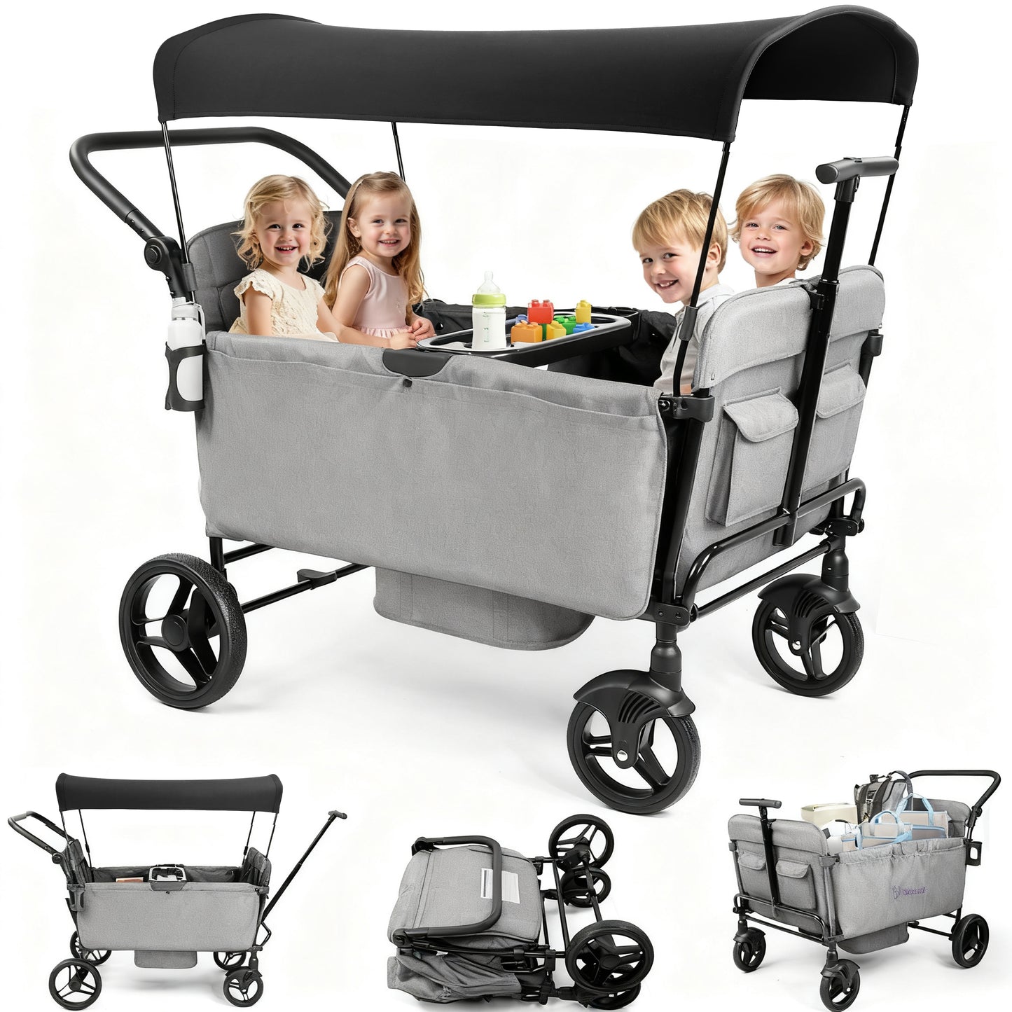 Vomeast Wagon Stroller for Kids, Spacious 2/4-Seater Stroller Wagon with Adjustable Canopy, Pull & Push Handle, 5-Point Harness, Foldable for Toddlers