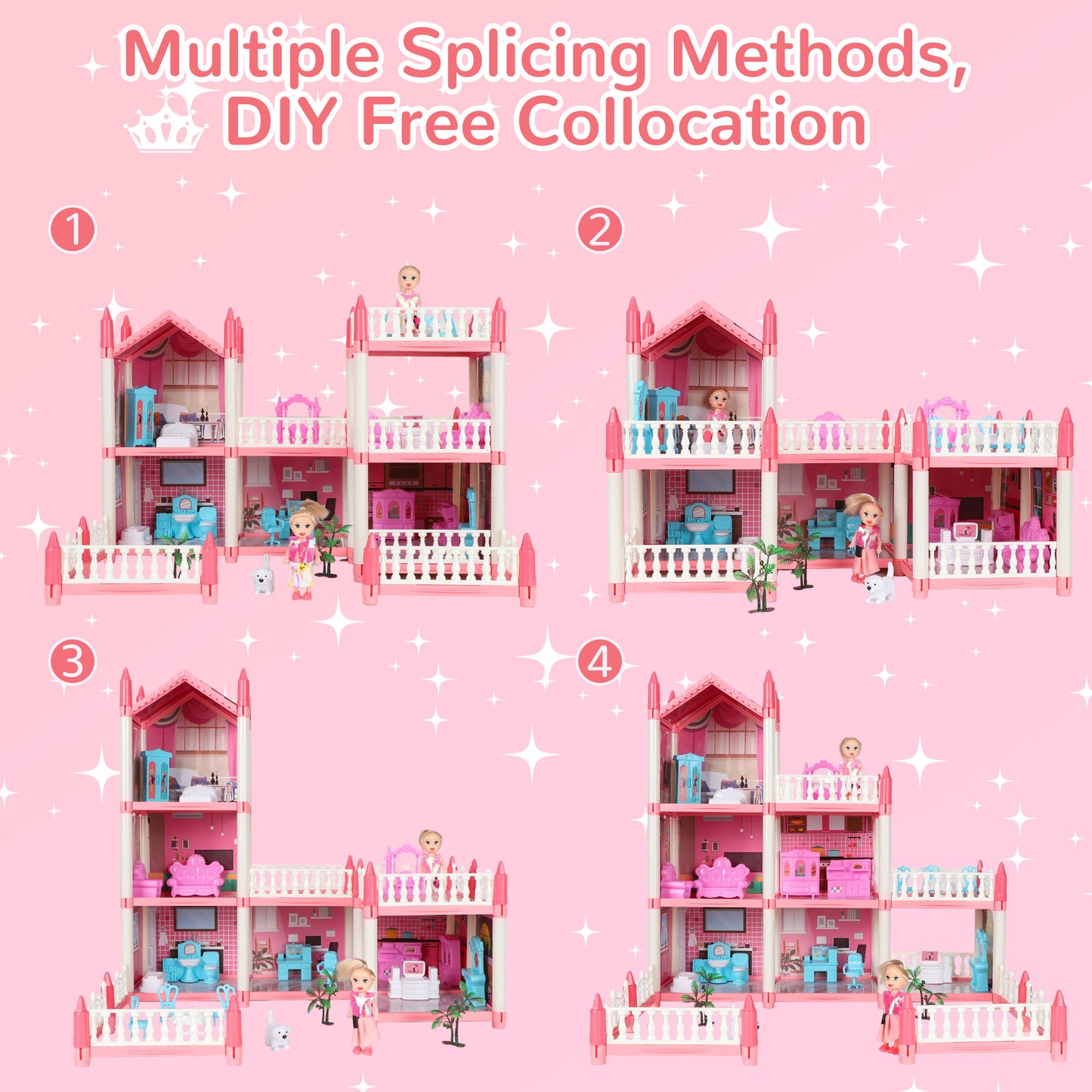 Wisairt Doll House for Girls, DIY DollHouses Set with 6 Rooms 3 Terraces, 20Pcs Pretend Play House Accessories for Kids Gifts Ages 4-8, Pink