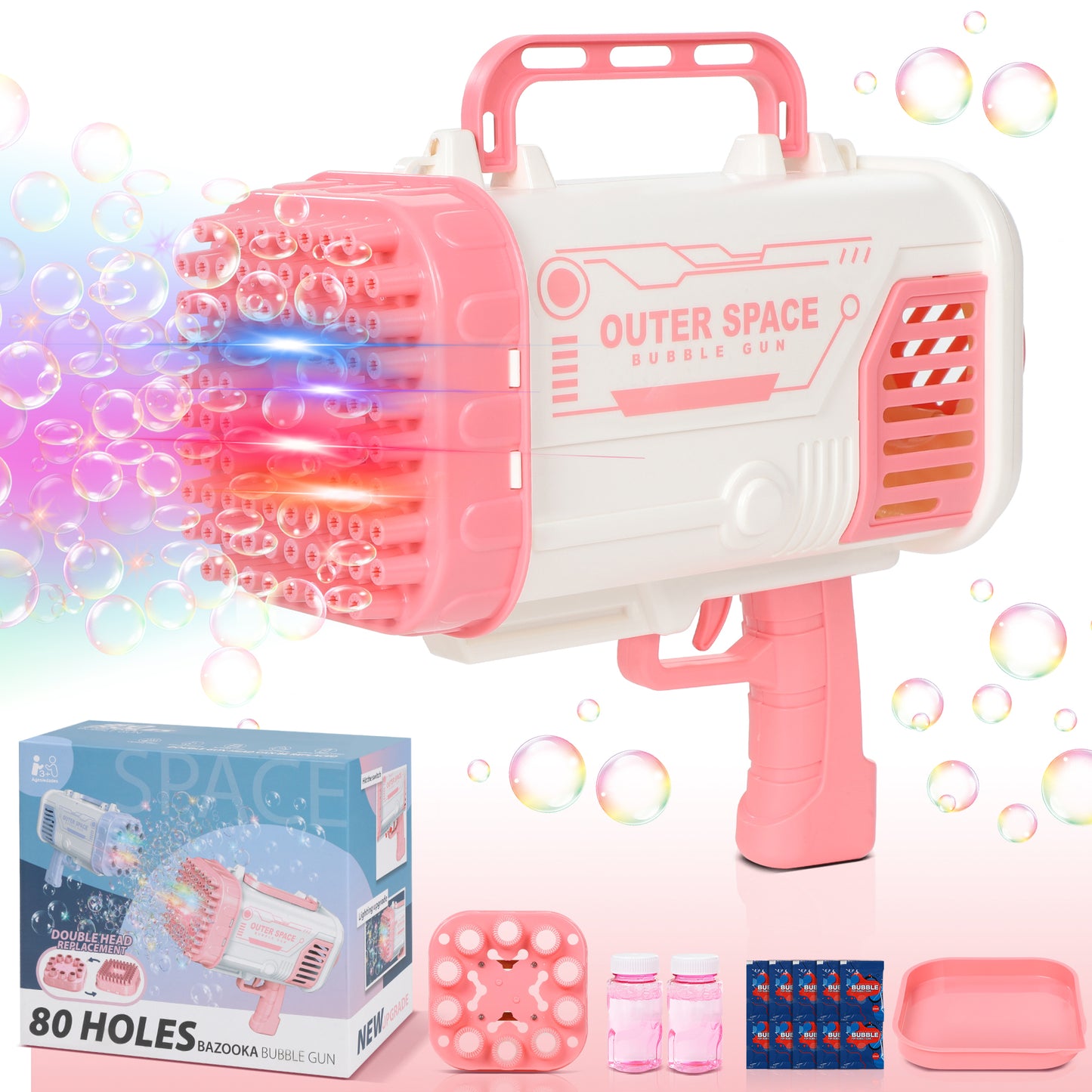 Wisairt Bubble Machine, 80 Holes Bubble Blowing Toys with Replaceable Nozzles, 2 Bubble Solution and Colorful Lights, Bubble Toys Outdoor Birthday Party