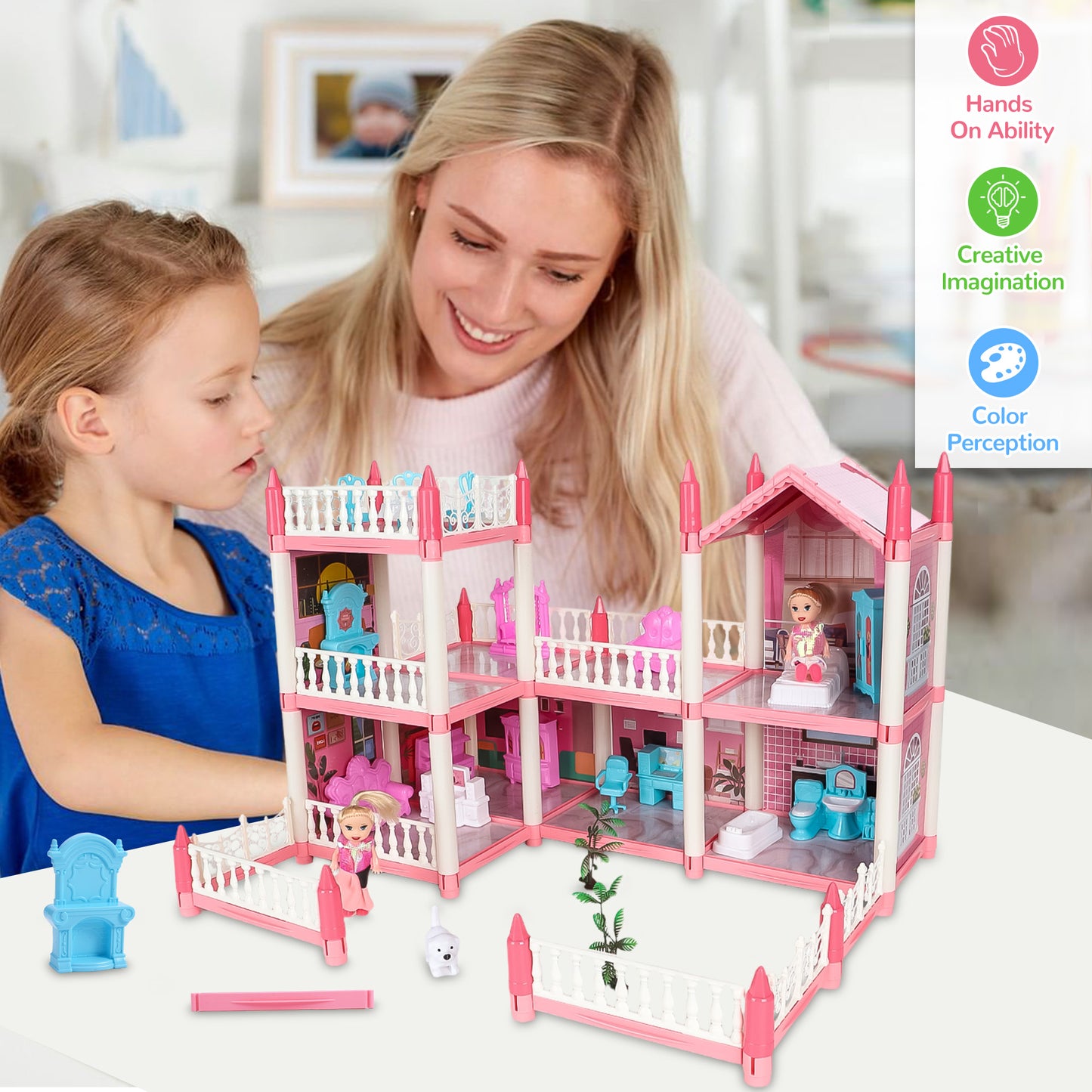 Wisairt Doll House for Girls, DIY DollHouses Set with 6 Rooms 3 Terraces, 20Pcs Pretend Play House Accessories for Kids Gifts Ages 4-8, Pink