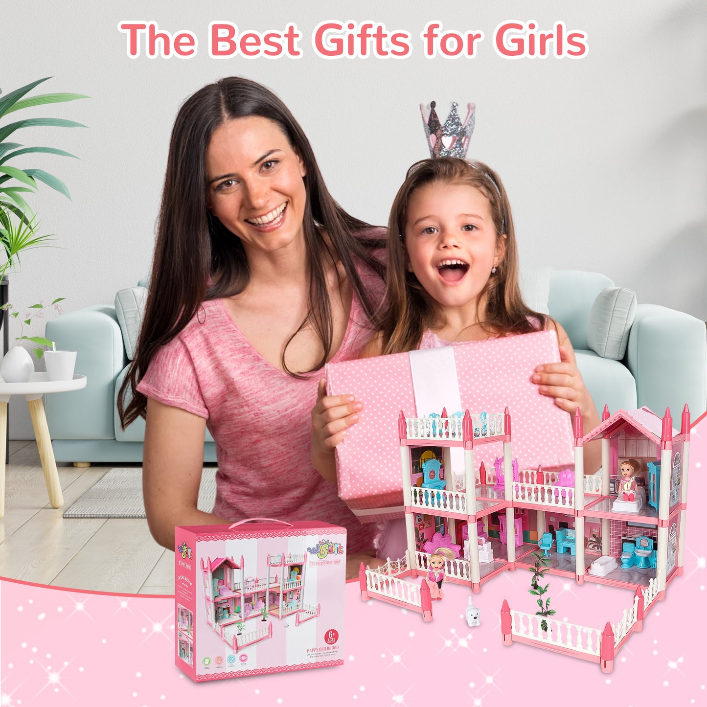 Wisairt Doll House for Girls, DIY DollHouses Set with 6 Rooms 3 Terraces, 20Pcs Pretend Play House Accessories for Kids Gifts Ages 4-8, Pink