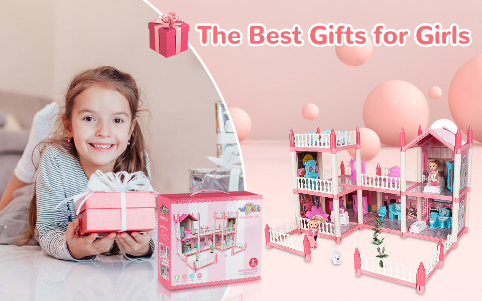 Wisairt Doll House for Girls, DIY DollHouses Set with 6 Rooms 3 Terraces, 20Pcs Pretend Play House Accessories for Kids Gifts Ages 4-8, Pink
