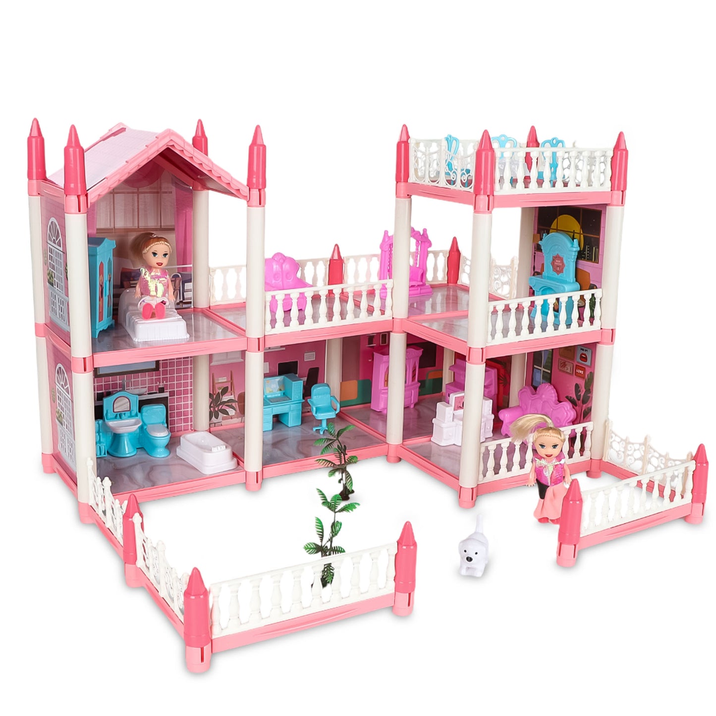 Wisairt Doll House for Girls, DIY DollHouses Set with 6 Rooms 3 Terraces, 20Pcs Pretend Play House Accessories for Kids Gifts Ages 4-8, Pink
