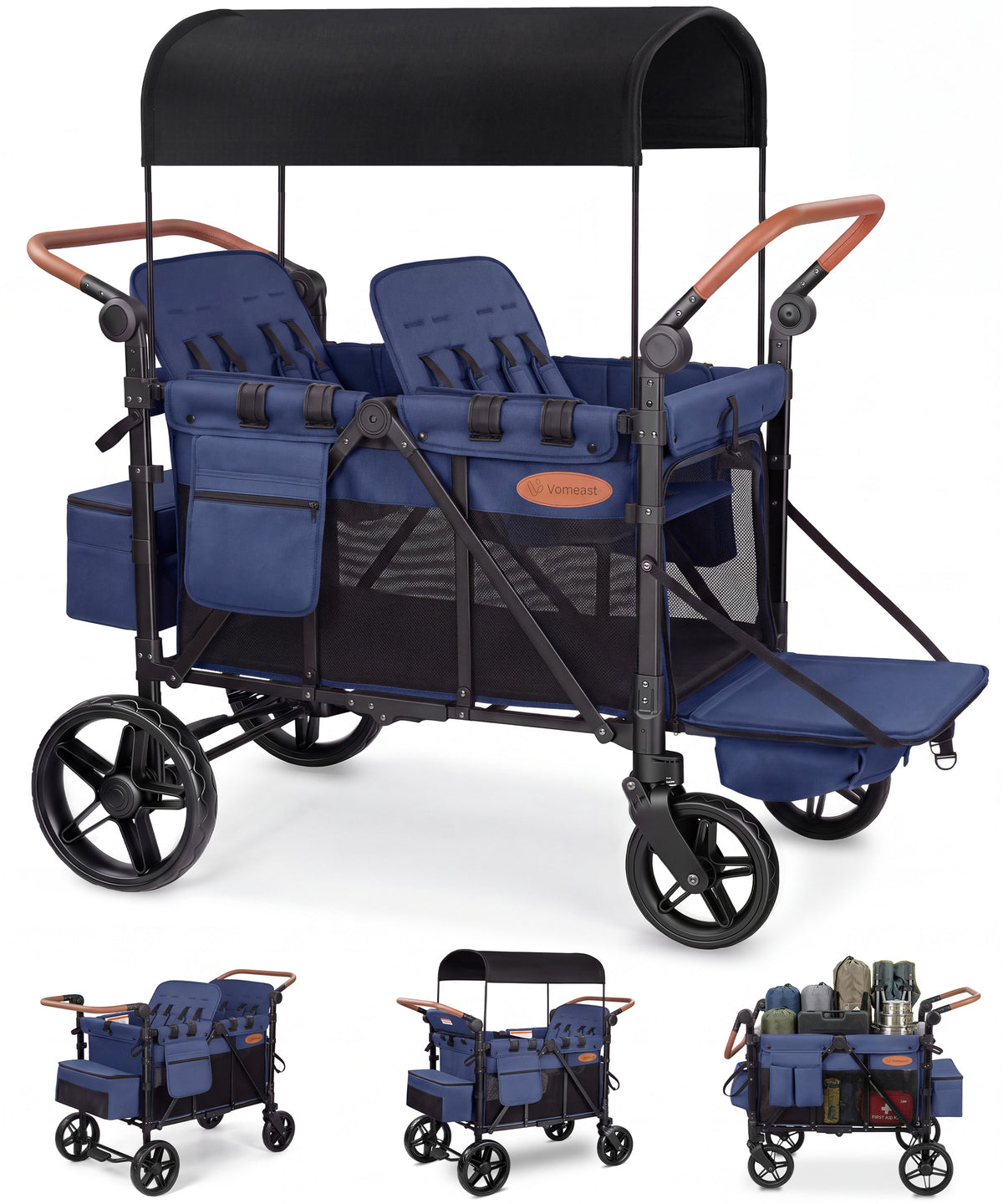 Vomeast Upgrade Wagon Stroller for 2 Kids, 2-Seater Outdoor Baby Stroller Wagon with Canopy, 5-Point Harness, Adjustable Handle(Black)