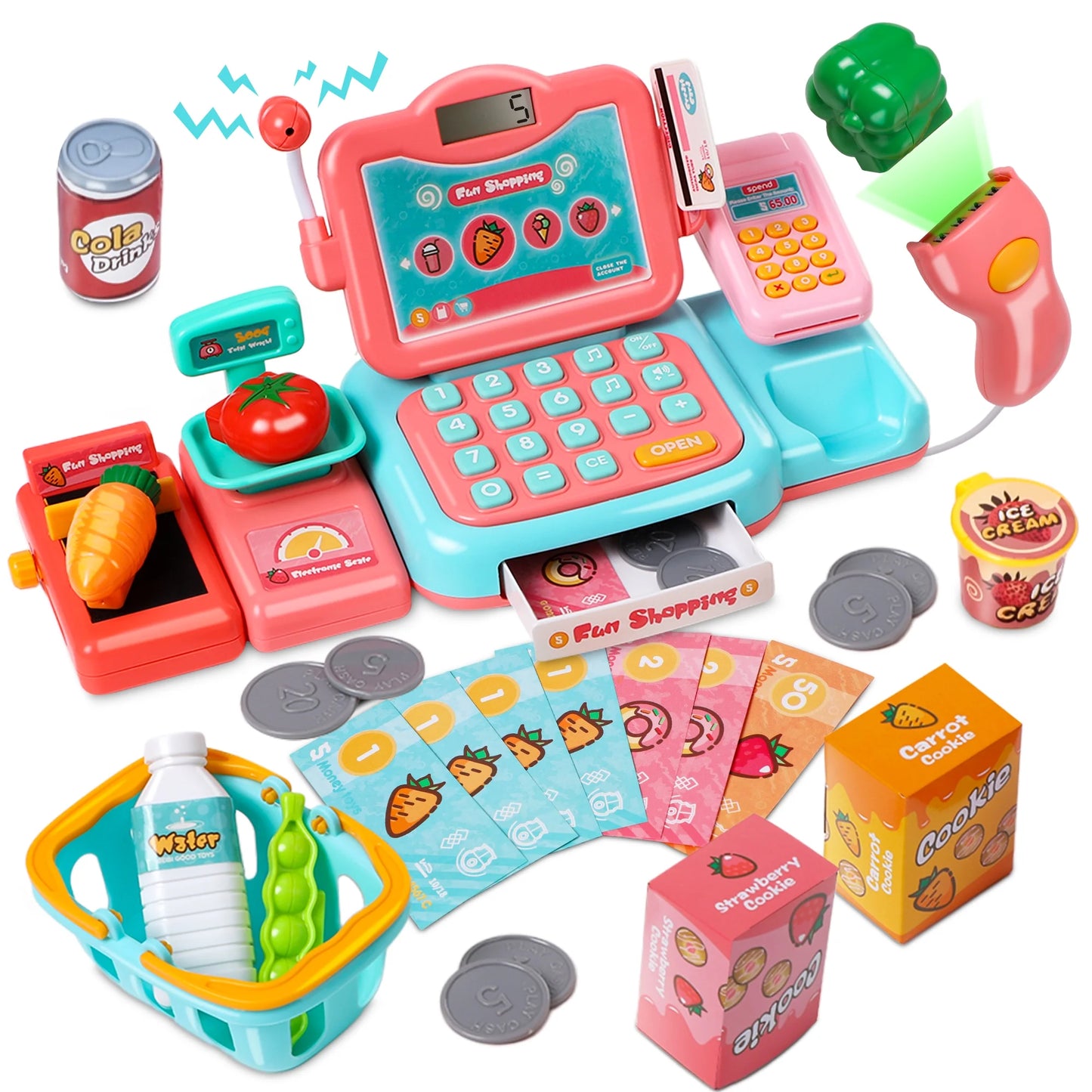 Wisairt Cash Register for Kids, Toy Cash Register with Scanner Voice Recognition Mobile Payment Function, Play Cash Register, Count Learning Toys
