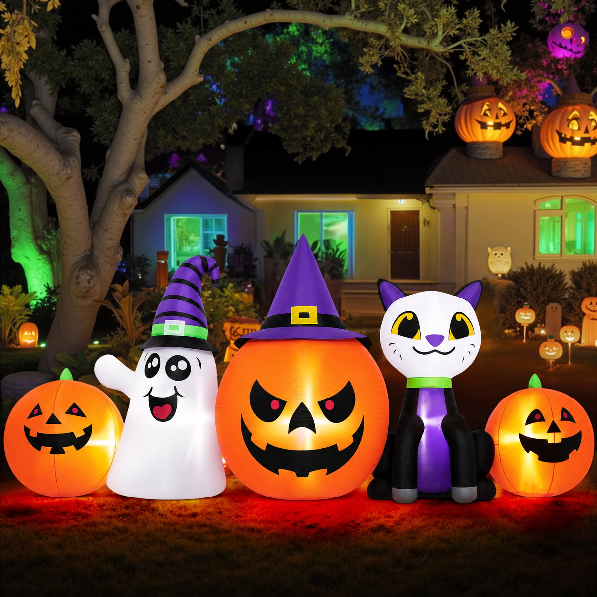 8ft Inflatable Pumpkin Ghost Cat with LED Lights - Outdoor Decor