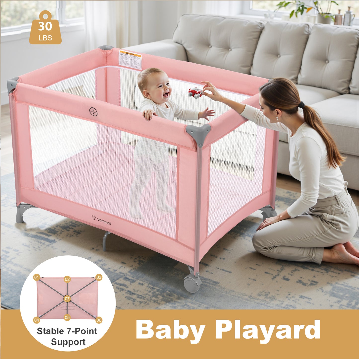 Vomeast Baby Playard Baby Bassinet with Toy Bar,Portable Crib Pack and Play,Play Yard,0-5 Months,Pink