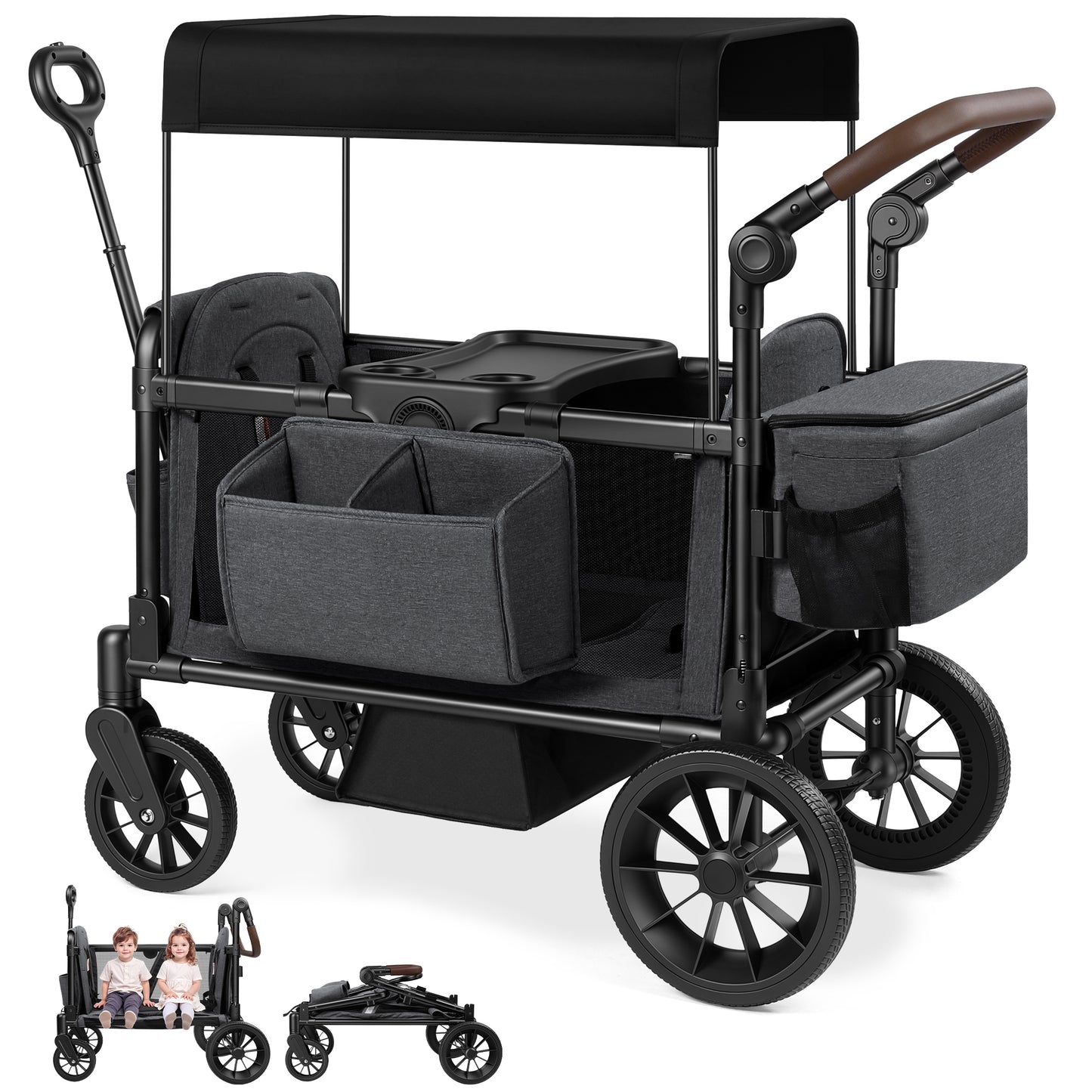 Vomeast Wagon Stroller with Tray,2-Seater Wagon for Kid,Side Entry,Grey