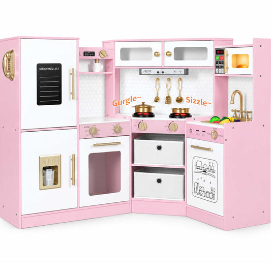 Wisairt Corner Wooden Play Kitchen for Kids, Pretend Play Kitchen with Lights & Sounds, Range Hood, Telephone, 23 Pcs Cooking Accessories, Age 3+, Pink