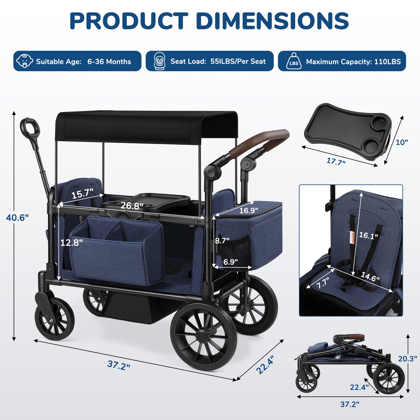 Vomeast Wagon Stroller with Tray,2-Seater Wagon for Kid,Side Entry,Blue