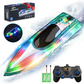 Wisairt 15Km/h Remote Control Boat with LED Lights for Pools/Lakes, 2.4GHz High Speed RC Boat with 2 Rechargeable Batteries, Perfect Summer Water Toys for Ages 10+