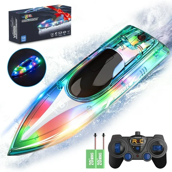 Wisairt 15Km/h Remote Control Boat with LED Lights for Pools/Lakes, 2.4GHz High Speed RC Boat with 2 Rechargeable Batteries, Perfect Summer Water Toys for Ages 10+