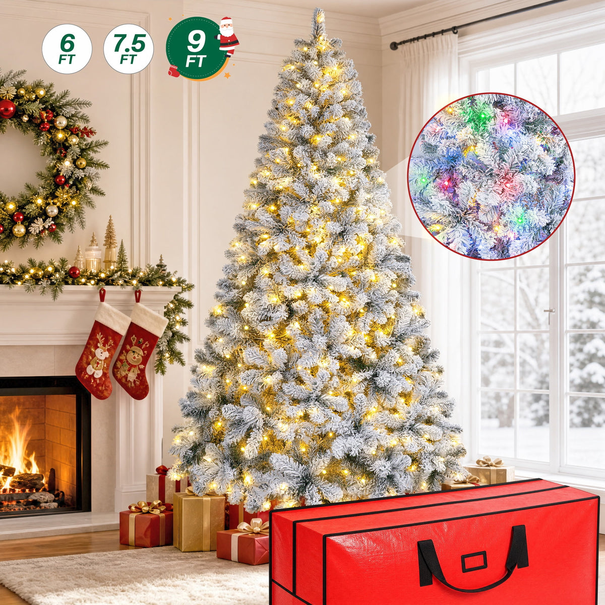 9FT Pre-Lit Flocked Artificial Christmas Tree, 1667 Snowy Tips, 600 LED 11 Modes