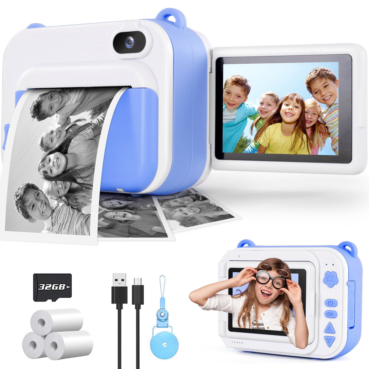 Kids Instant Print Camera, 1080P Toy Camera with 2.4" Flip Screen, 32GB Card & 3 Paper Rolls
