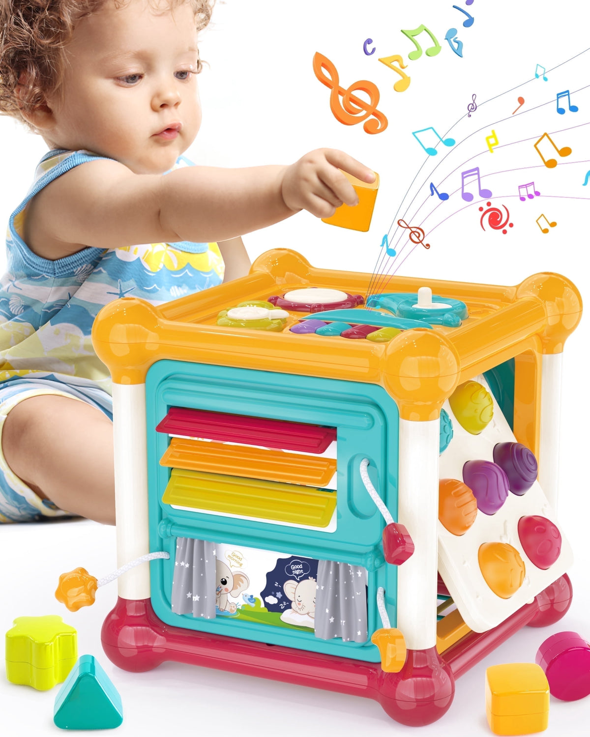 6-in-1 Baby Activity Cube with Music, Montessori Learning Toy with Shape Sorter, 6-36 Months