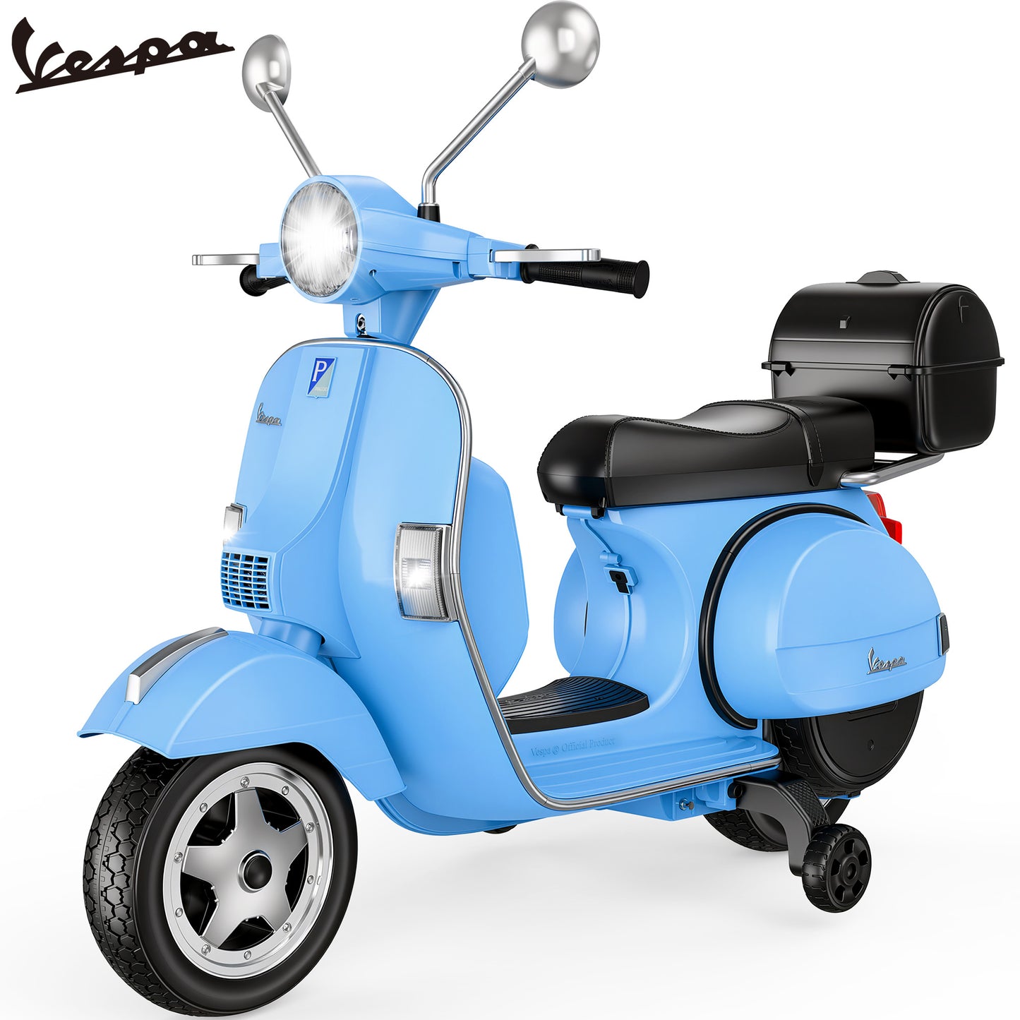 Vespa Officially Licensed 12V Kids Ride On Motorcycle, Dual 100W Motors Electric Scooter with Training Wheels, PU Seat, Storage Trunk, Music & LED Lights, Ages 3-6