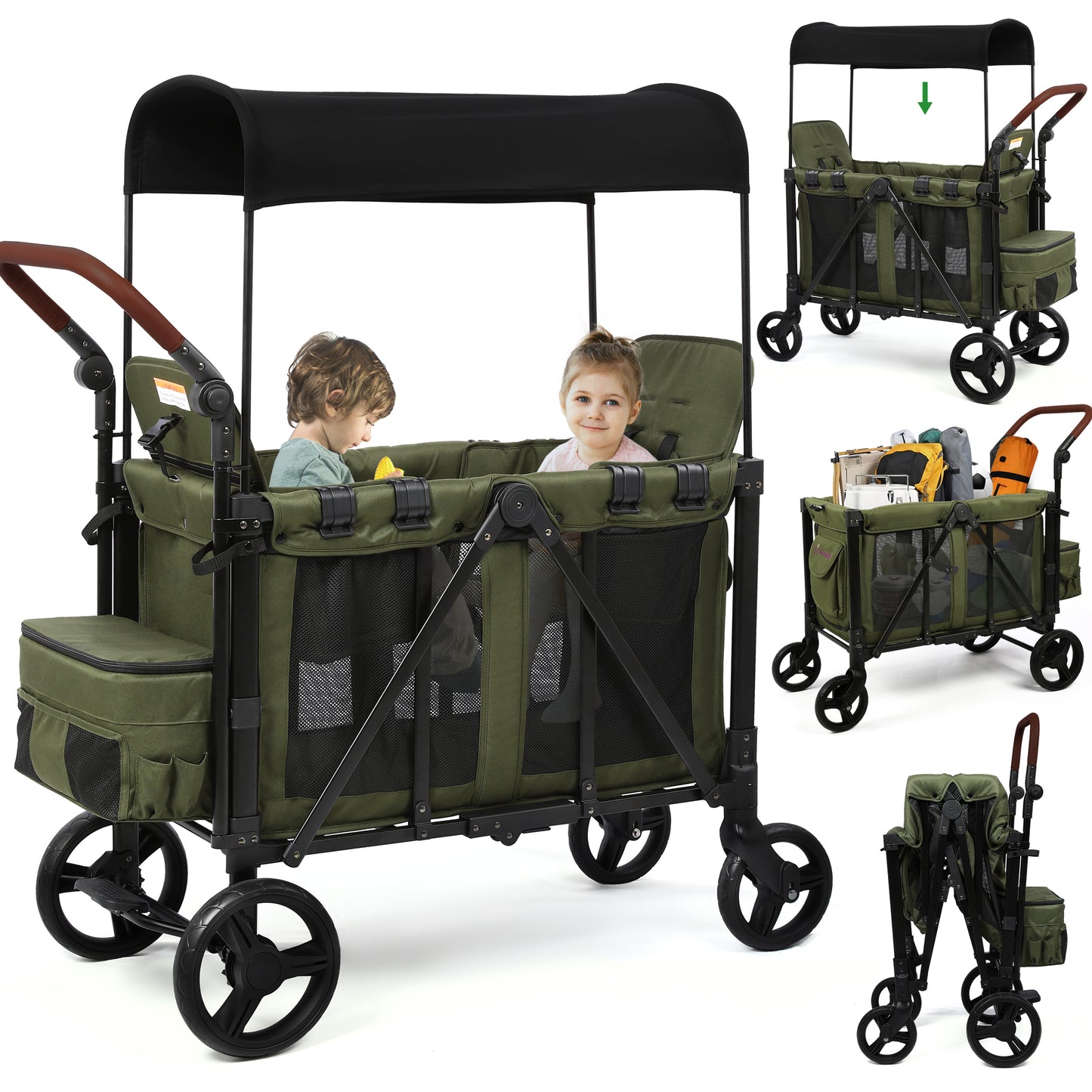 Vomeast Wagon Stroller for 2/4 Kids, 3-in-1 Wagon Stroller with Canopy, 5-Point Harness, Adjustable Handlebars, Removable Seat for Toddlers