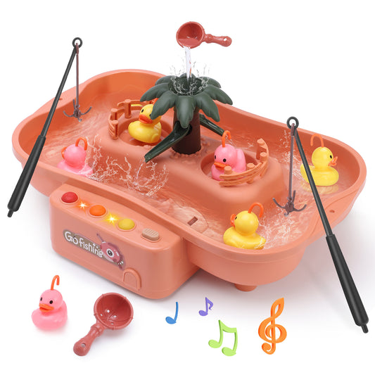 Fishing game set electric music fishing toy rotating fishing toy set with six nursery rhymes two-color lights children's fishing toy set pink