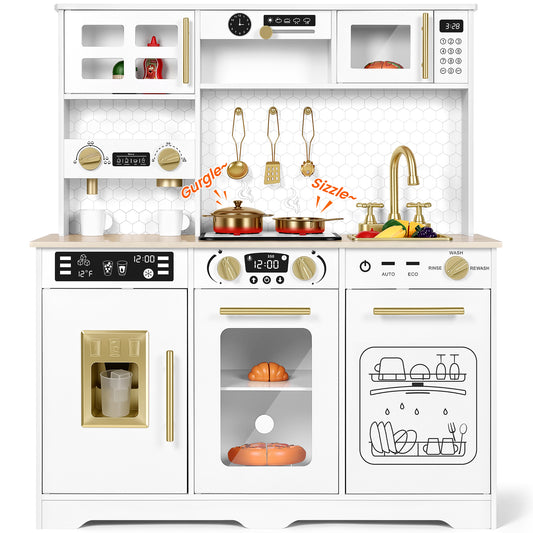 Wisairt Wooden Play Kitchen for Kids, Pretend Play Kitchen with Realistic Sounds & 23-Piece Accessory Set, White, Age 3+