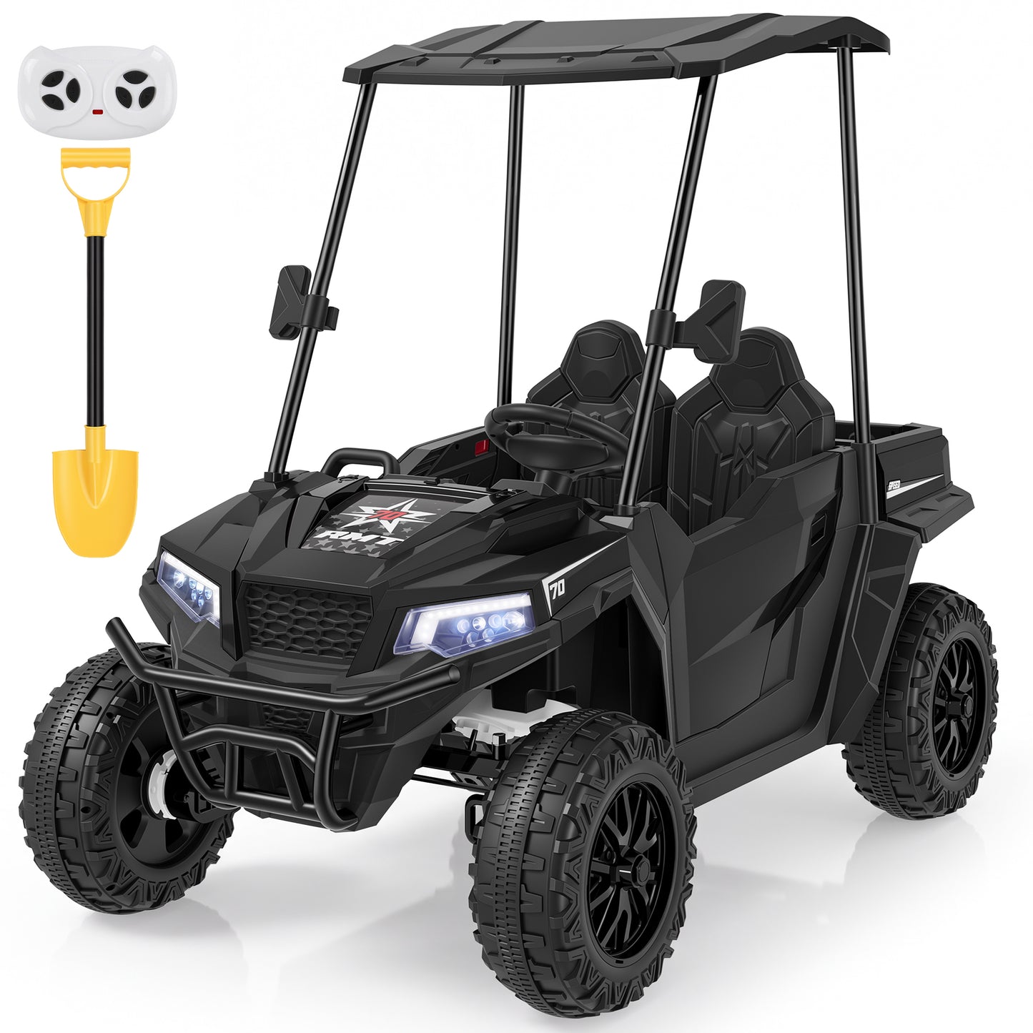 Wisairt 24V Kids Golf Cart, 4WD 2-Seater Electric Ride On Car for Big Kids, 4×200W Motors, Ages 3-8, Remote Control, Detachable Awning, Electric Dump Bed & Shovel