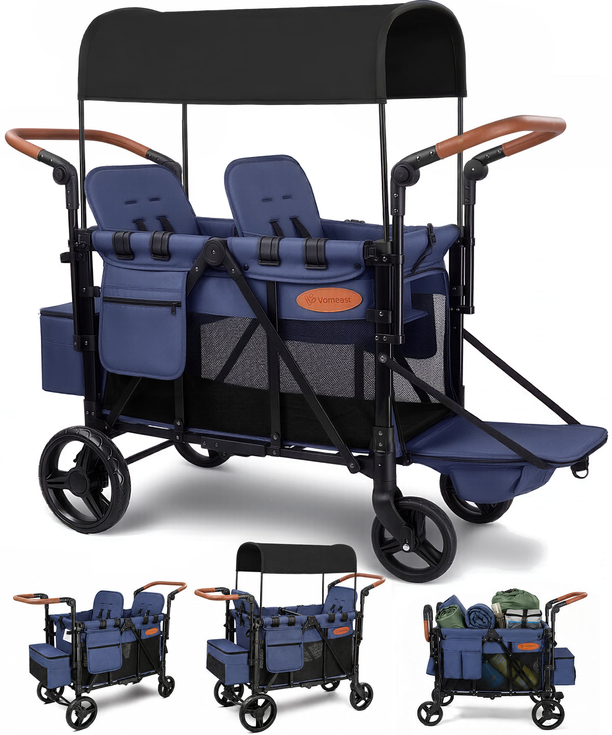 Vomeast Upgrade Wagon Stroller for 2 Kids, 2-Seater Outdoor Baby Stroller Wagon with Canopy, 5-Point Harness, Adjustable Handle(Black)