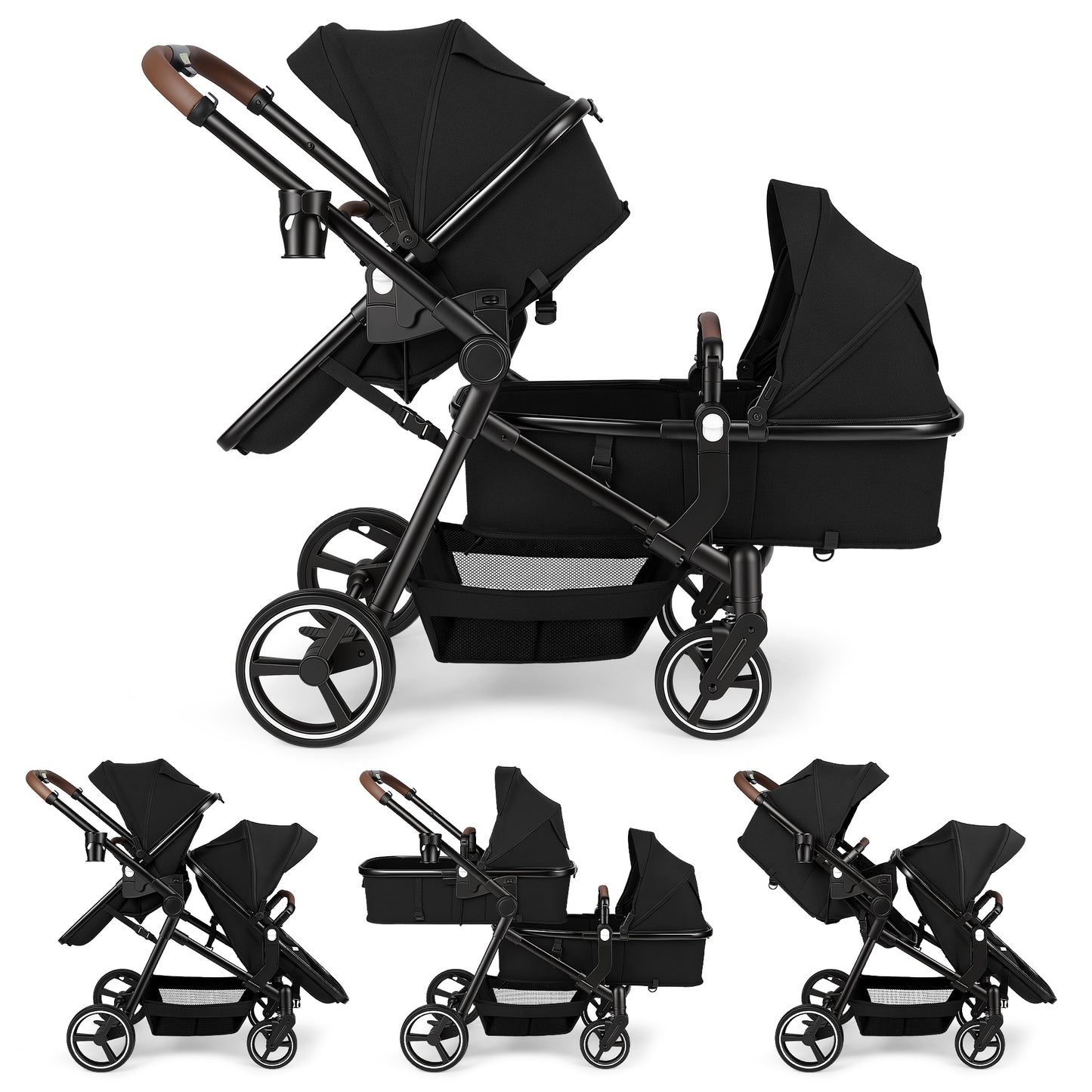 Vomeast Double Stroller for Infant and Toddlers, Foldable Twin Baby Strollers, Reversible Seat, 5-Point Harness, Adjustable Canopy & Reclining Seat