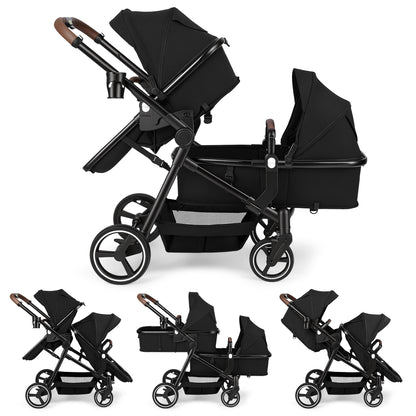 Vomeast Double Stroller for Infant and Toddlers, Foldable Twin Baby Strollers, Reversible Seat, 5-Point Harness, Adjustable Canopy & Reclining Seat