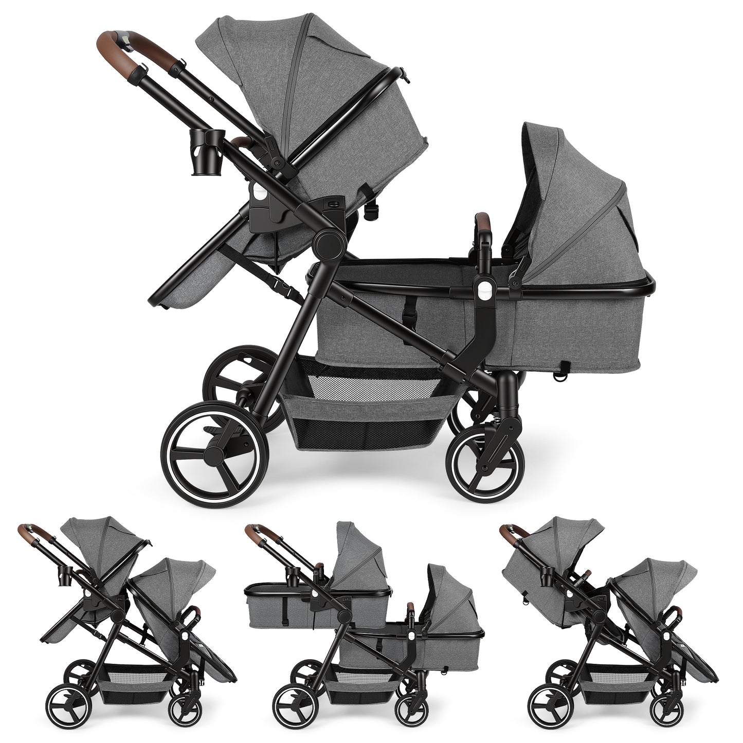Vomeast Double Stroller for Infant and Toddlers, Foldable Twin Baby Strollers, Reversible Seat, 5-Point Harness, Adjustable Canopy & Reclining Seat