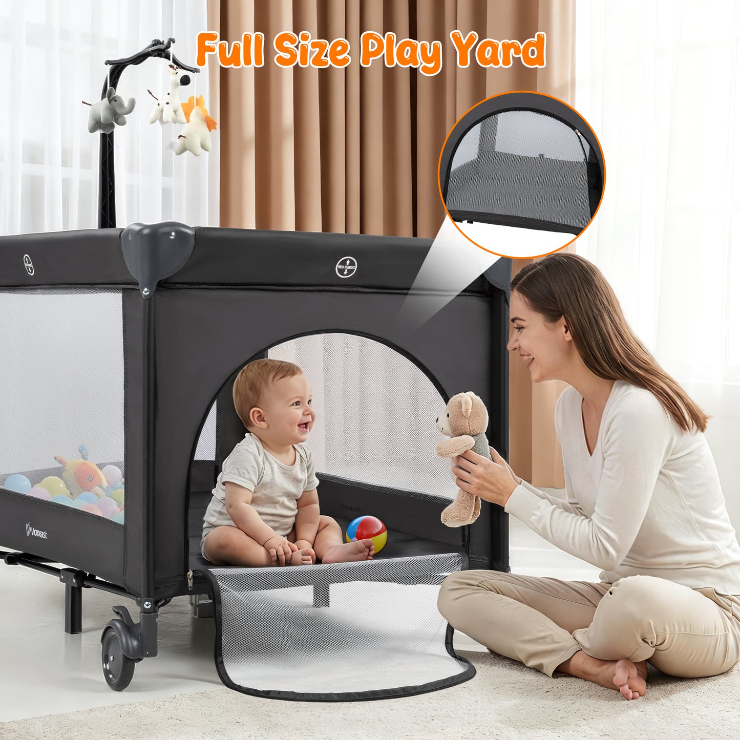 Vomeast Baby Playard,Portable Baby Bassinet Pack and Play with Mattress and Toy Bar,Foldable Bassinet Crib,0-5 Months,Black