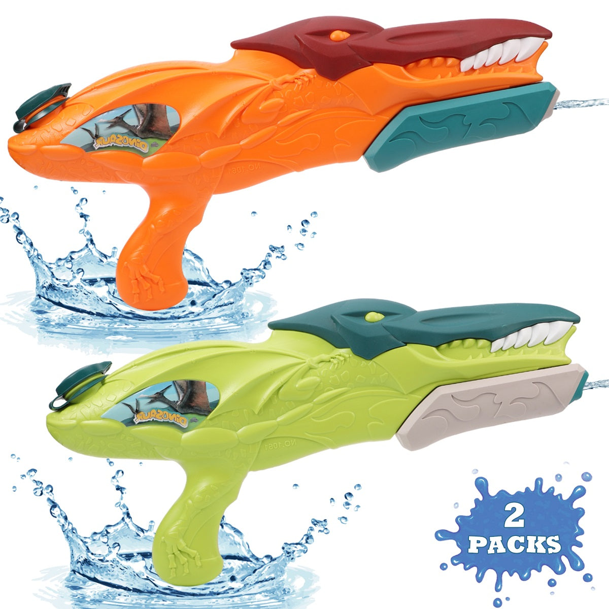 2 Pack Water Guns for Kids,Dinosuar Squirt Water Blaster Guns Toy Summer Swimming Pool Beach Sand Outdoor Water Fighting Play Toys Gifts for Boys Girls(Green & Orange)