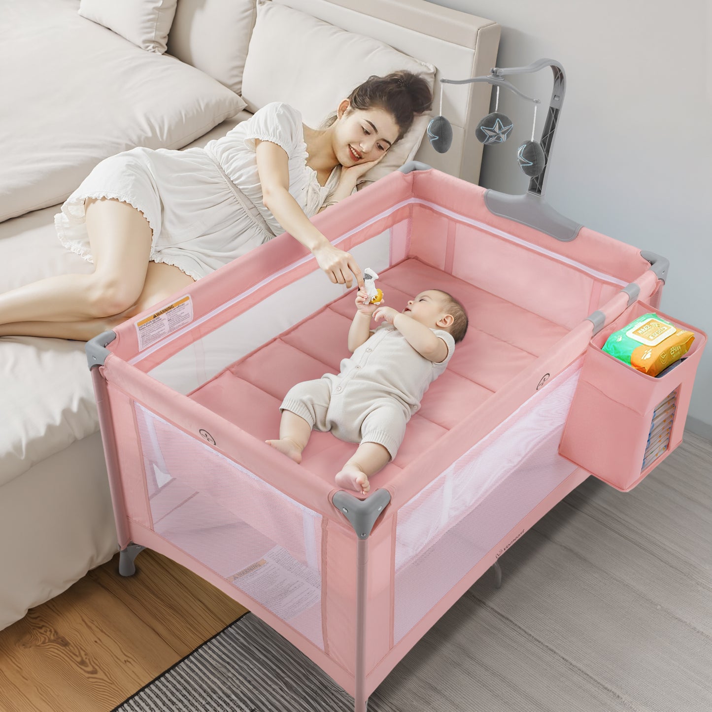 Vomeast Baby Playard Baby Bassinet with Toy Bar,Portable Crib Pack and Play,Play Yard,0-5 Months,Pink
