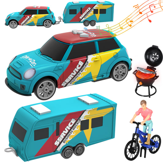 Wisairt Toy Trucks and RV Camper Trailer Vehicle Playset, 1:18 Scale cars with Sounds and Light for Aged 3+ Boys Girls Birthday Party Gifts（Blue）