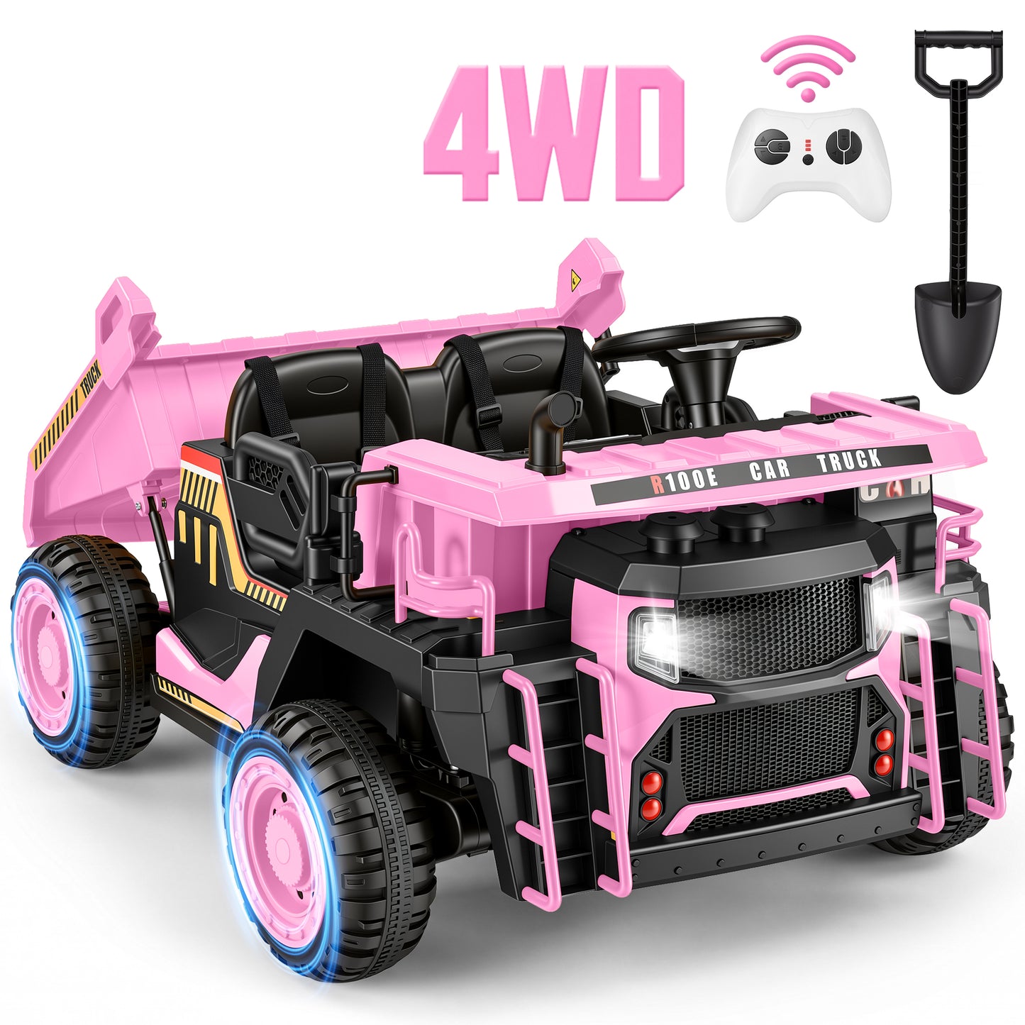 Wisairt 24V Ride On Dump Truck for Kids, 2 Seater 4WD Electric Truck, 4×200W Motors, Remote Control, Automatic Dump Bed, Shovel, Soft Start, LED Lights, USB/MP3 Music