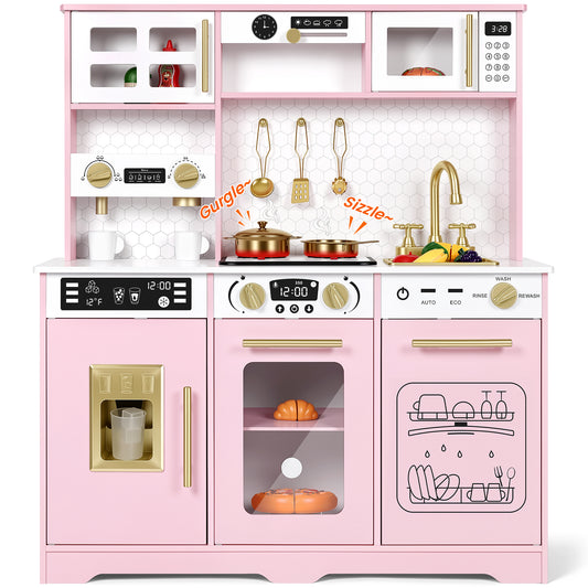 Wisairt Wooden Play Kitchen for Kids, Pretend Play Kitchen with Realistic Sounds & 23-Piece Accessory Set, Pink, Age 3+