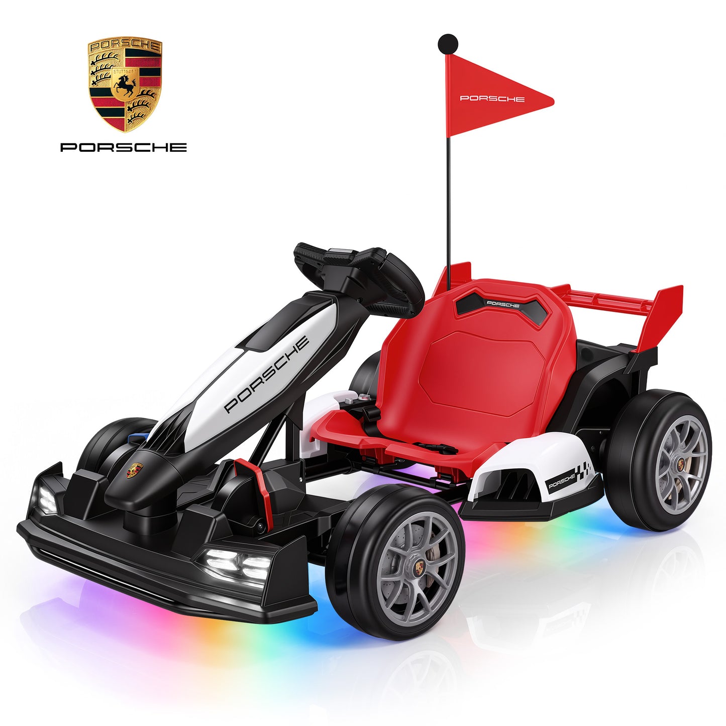 Licensed Porsche Electric Go Kart for Kids, 24V Powered Drift Racing Go Cart W/ 400W Motor, Adjustable Body, LED Lights, 2 Speed Modes, Race Pedal Ride on Car Toy for Boy Girl Ages 6+