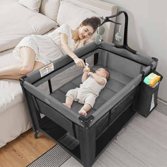 Vomeast Baby Playard Baby Bassinet,Portable Crib Pack and Play with Toy Bar,Foldable Play Yard(Gray/Black/Pink)