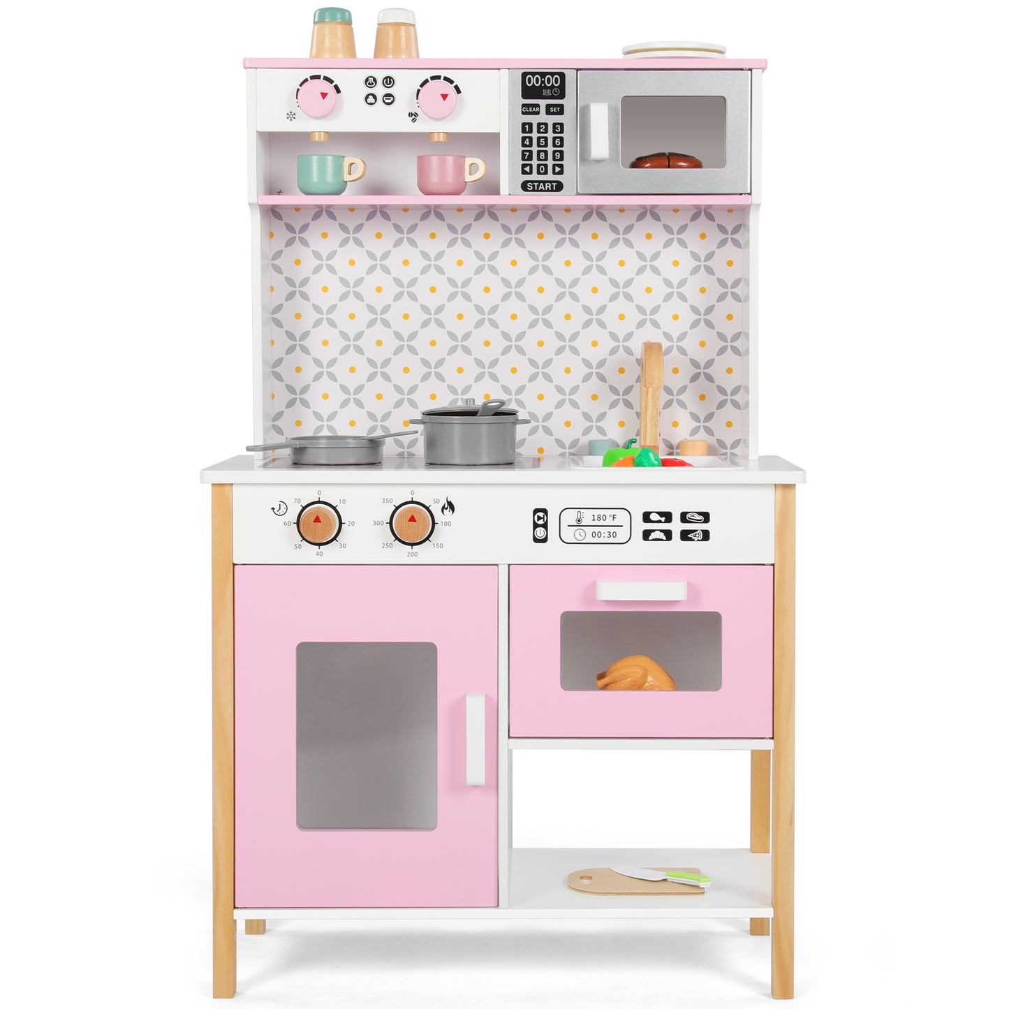 Wisairt Pretend Play Kitchen Set, Wooden Kitchen for Kids w/ Stove, Sink, Oven, Microwave, Coffee Maker Gift for Boys Girls Age 3-8