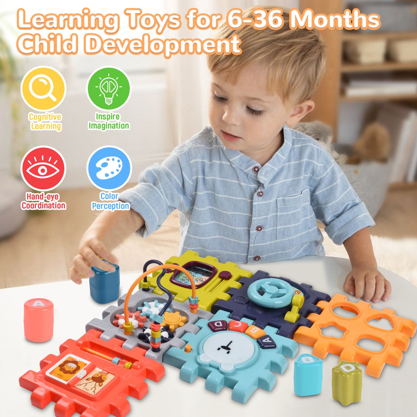 Vomeast 6-in-1 Baby Activity Cube w/ Music, Preschool Montessori Learning Toys for Toddlers Infant, for Birthday Christmas Baby Shower Gifts, Multicolor