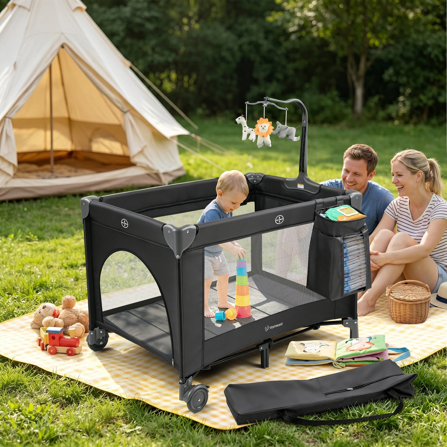 Vomeast Baby Playard Baby Bassinet,Portable Crib Pack and Play with Toy Bar,Foldable Play Yard(Grey)