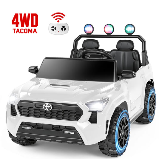 24V Ride On Car for Kids, 4WD Licensed Toyota Tacoma Battery Powered Ride On Toy with Remote Control, 2 Seater Power Truck Wheels, Colorful Lights, Music, Electric Car for Boys Girls 3–8, White
